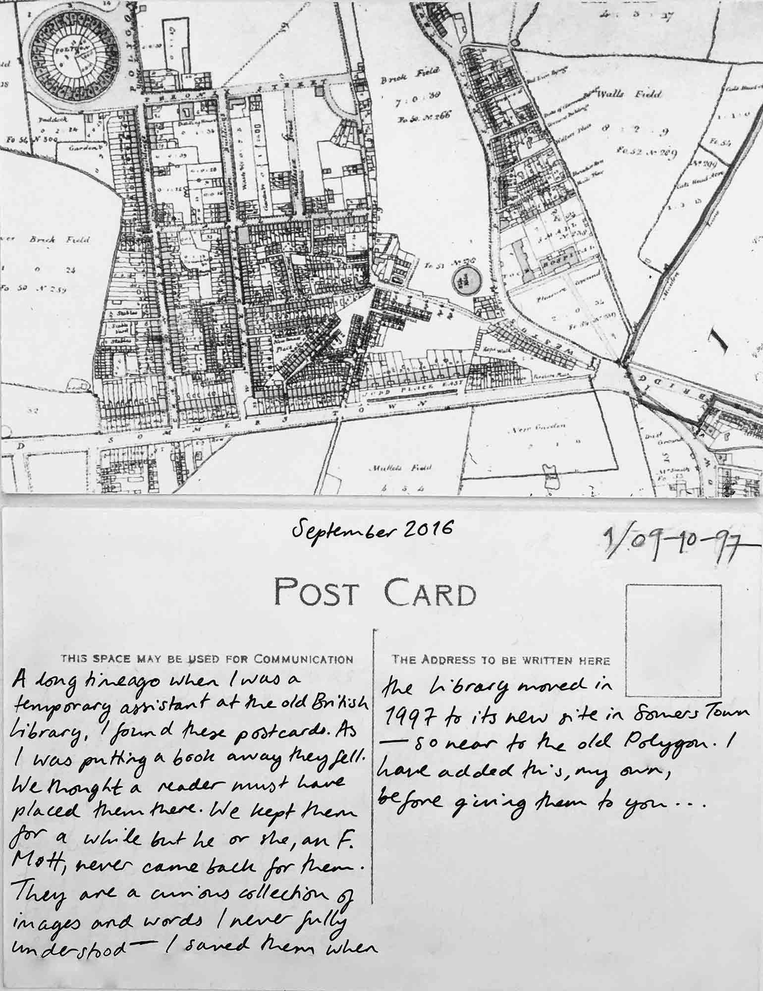 Postcard 1. Section of map, showing north of Euston Road and Somers Town of St Pancras by John Thompson, c. 1803. (King’s Cross and north of Euston Road). Public Domain. Postcard and text by Emma Cheatle, 2016.